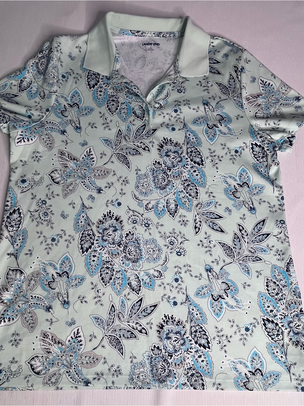 Lands' End Women's Mint Green Floral Button-Down Golf Polo